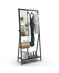 Rainsken Coat Rack with Mirror, Industrial Style Multifunctional Hall Tree with Shelf, Hooks for Living Room, Entryway, Hallway