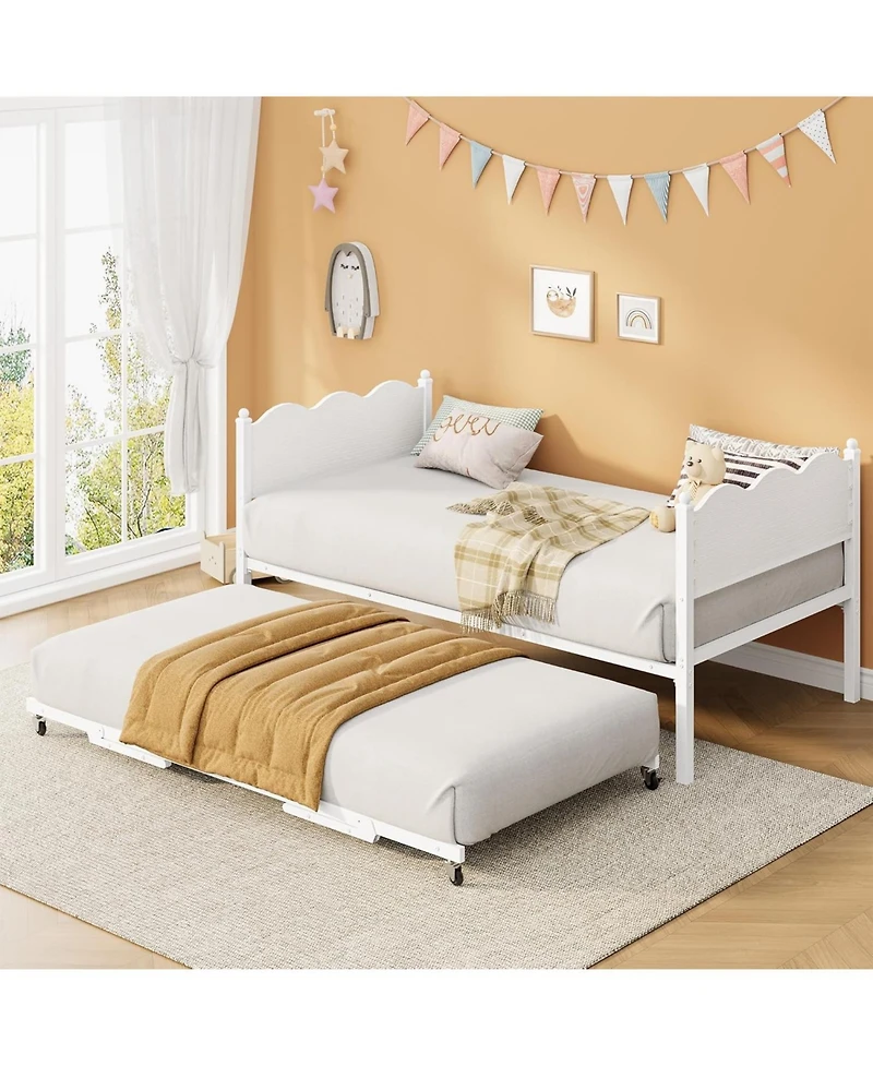 gaomon Twin Daybed with Trundle, Industrial Wood Grain Headboard, Steel Slat Support, Lockable Casters, Space-Saving & Multifunctional