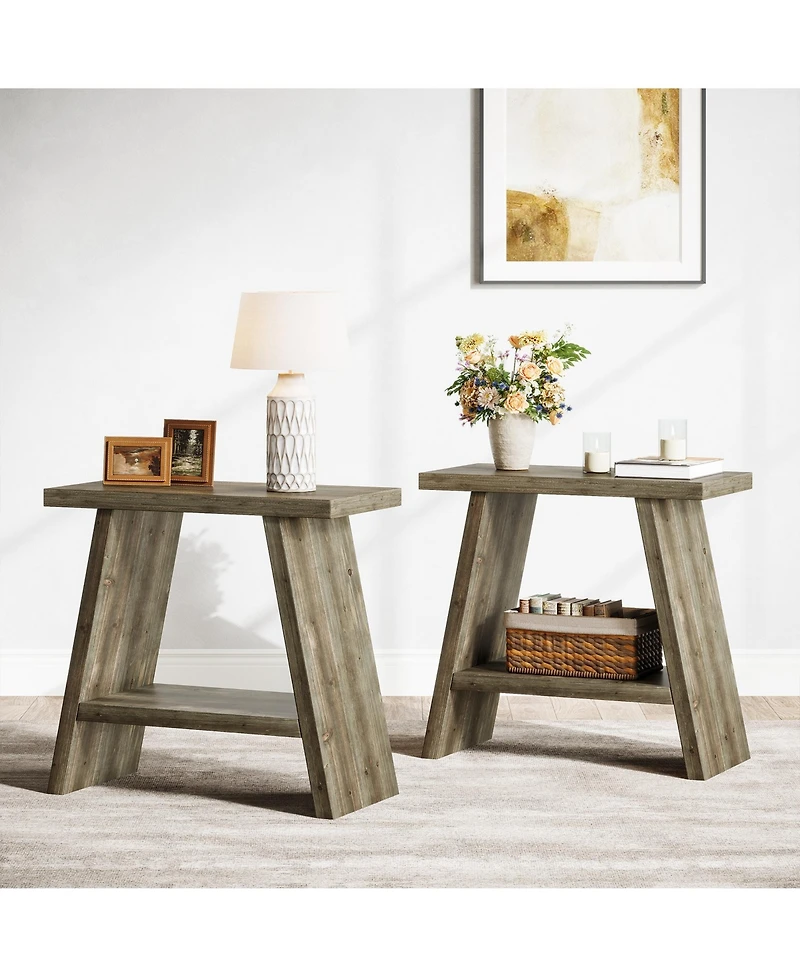 Tribesigns Solid Wood End Table for Living Room Set of 2, Narrow Small Side Table with 2-Tier Storage