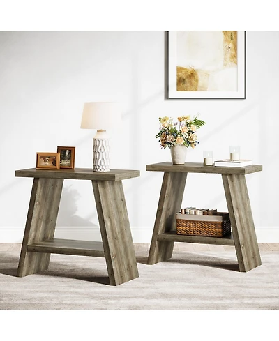 Tribesigns Solid Wood End Table for Living Room Set of 2, Narrow Small Side Table with 2-Tier Storage