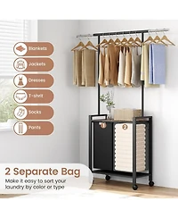 gaomon Rolling Laundry Sorter Hamper 2 Section Basket with Hanging Rack Plus Wheels Organizer for Laundry Room