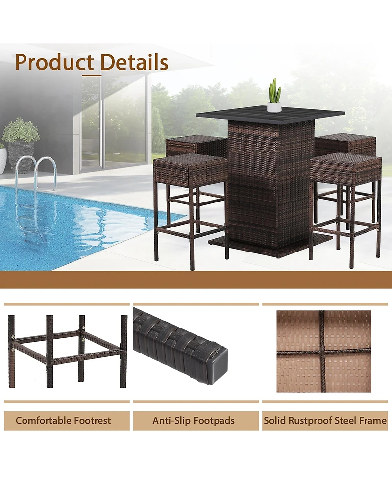 Gymax 5PCS Patio Bar Set Rattan Bar Furniture Set w/ Table & 4 Cushioned Stools