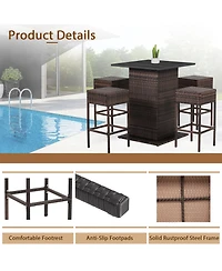 Gymax 5PCS Patio Bar Set Rattan Bar Furniture Set w/ Table & 4 Cushioned Stools