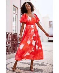 Yumi Women's Floral Midi Dress With Puff Sleeves