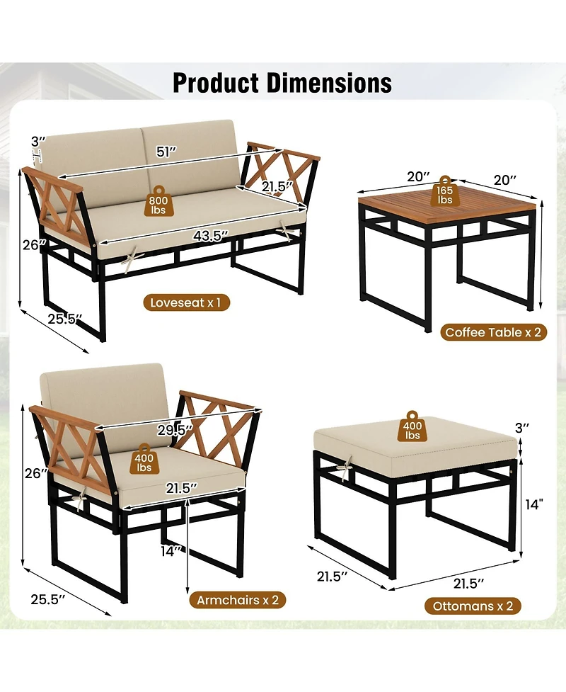 Gymax Set Of 7 Outdoor Conversation Set Acacia Wood Chairs & Coffee Tables Set w/Ottomans