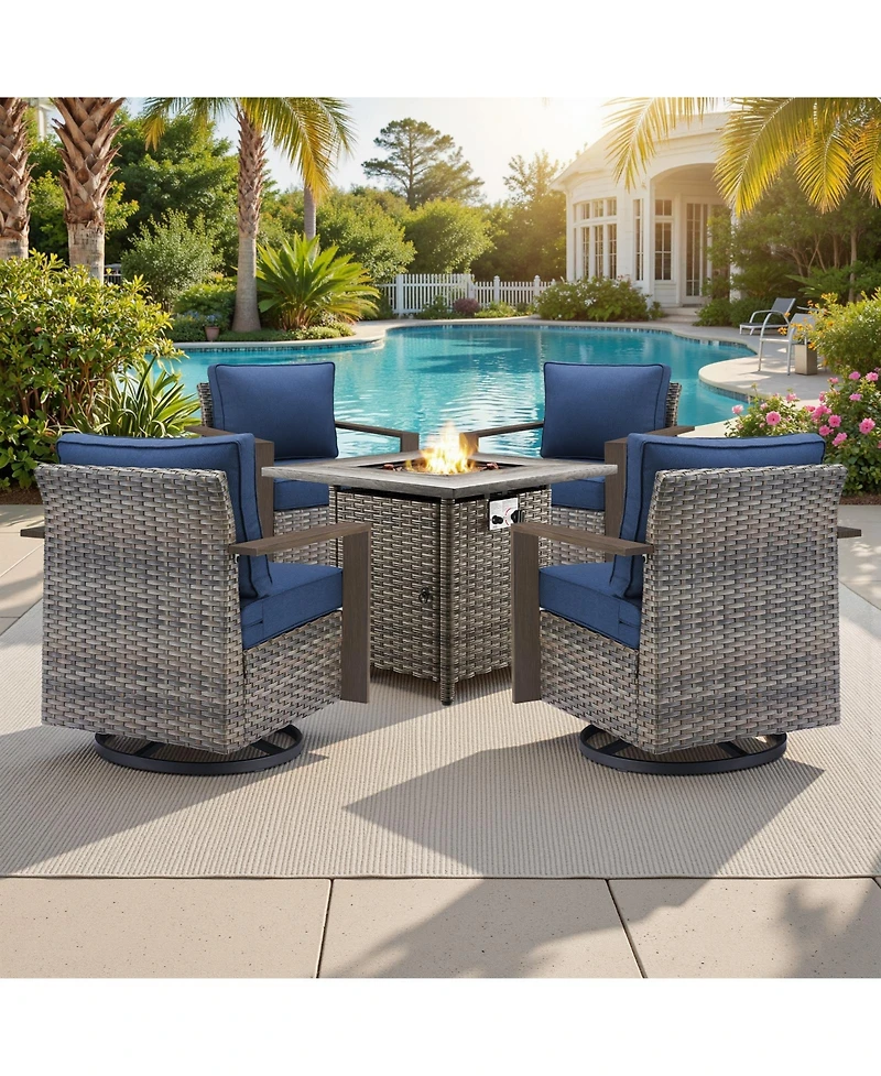 Gymojoy 5 Pieces Patio Furniture Set, Rattan Wicker Outdoor, 4 Swivel Chairs w/30in Propane Fire Pit Table and Thickened Cushions