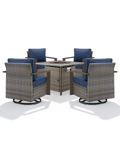 Gymojoy 5 Pieces Patio Furniture Set, Rattan Wicker Outdoor, 4 Swivel Chairs w/30in Propane Fire Pit Table and Thickened Cushions