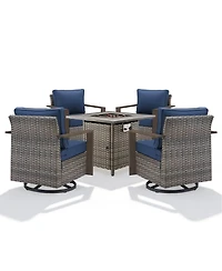 Gymojoy 5 Pieces Patio Furniture Set, Rattan Wicker Outdoor, 4 Swivel Chairs w/30in Propane Fire Pit Table and Thickened Cushions