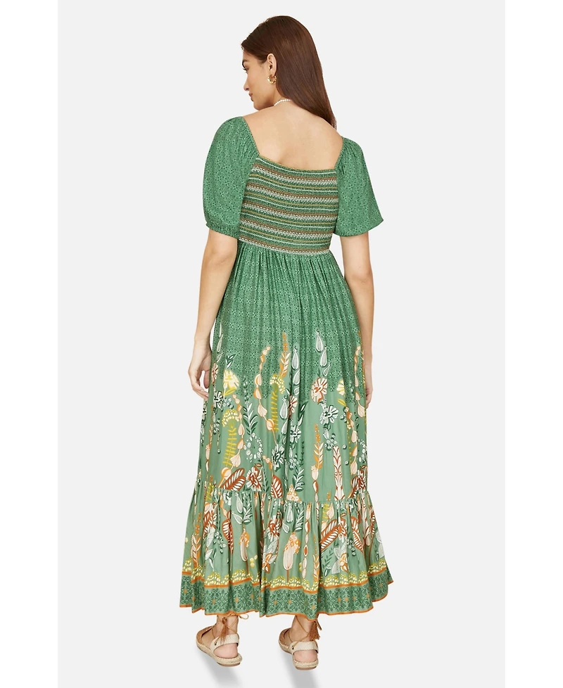 Yumi Women's Ruched Leaf Print Maxi Dress