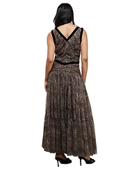Warehouse Women's Velvet Trim Leopard Tulle Maxi Dress