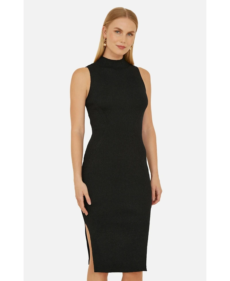 Yumi Women's Fitted Side-Slit High-Neck Midi Dress