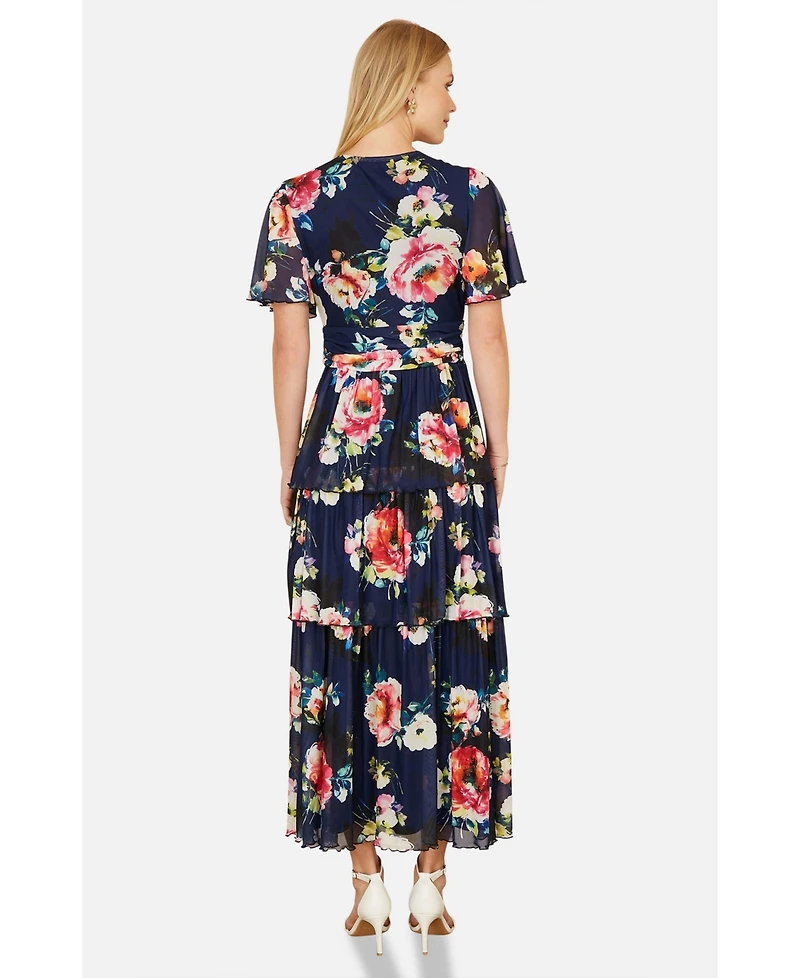 Yumi Women's Mesh V-Neck Tiered Maxi Dress
