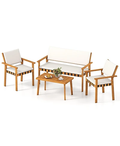 Gymax Set of 4 Wood Furniture Set w/Coffee Table Seat Back Cushions for Backyard Porch