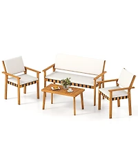 Gymax Set of 4 Wood Furniture Set w/Coffee Table Seat Back Cushions for Backyard Porch