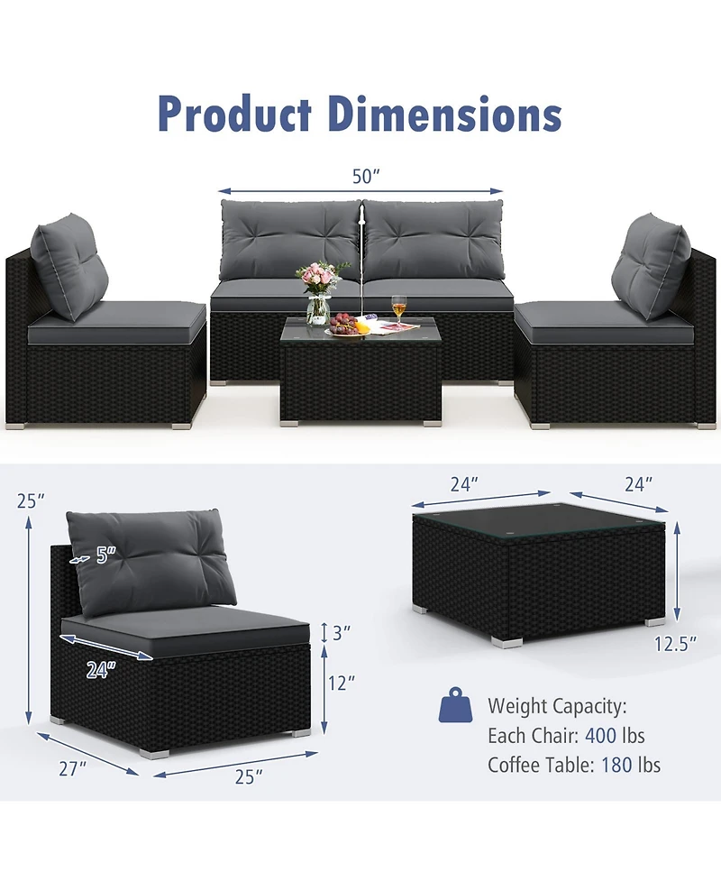 Gymax Set Of 5 Outdoor Furniture Set w/ Seat & Back Cushions Tempered Glass Tabletop