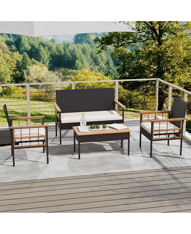 Gymax Set of 4 Wicker Furniture Set w/Acacia Wood Tabletop Armrests Cushions for Backyard