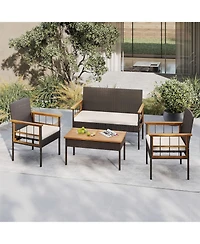 Gymax Set of 4 Wicker Furniture Set w/Acacia Wood Tabletop Armrests Cushions for Backyard