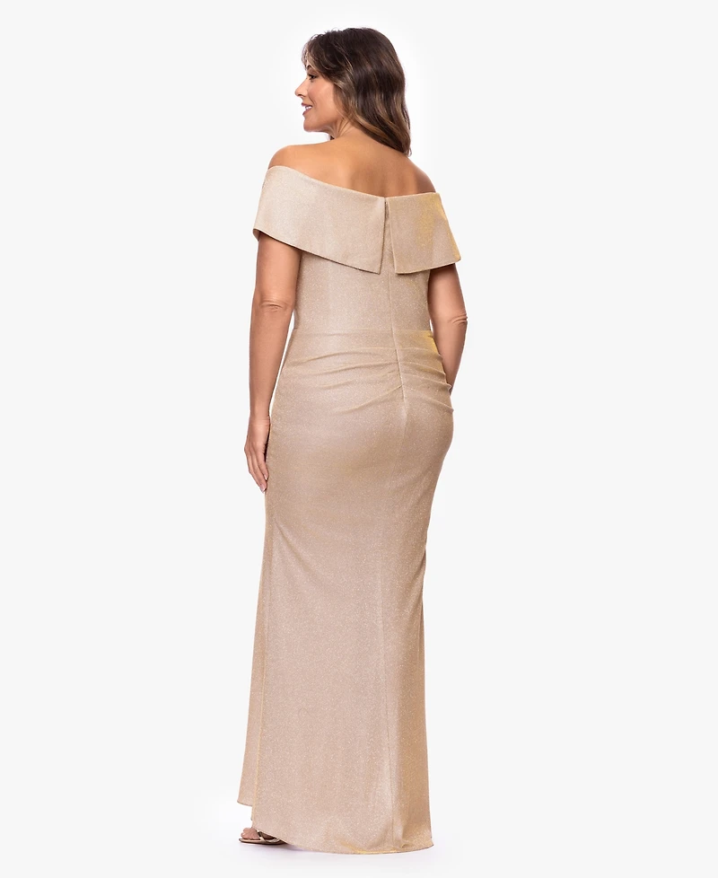 Xscape Plus Foil Knit Off-The-Shoulder Ruffle Gown