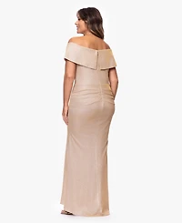 Xscape Plus Foil Knit Off-The-Shoulder Ruffle Gown