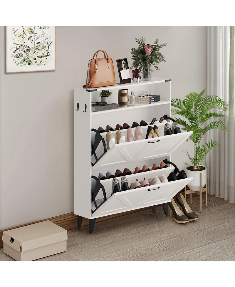 Homfan Shoe Storage Cabinet with 2 Flip Drawers, Freestanding Narrow Shoe Rack Cabinet with Open Shelf & Strong Metal Legs