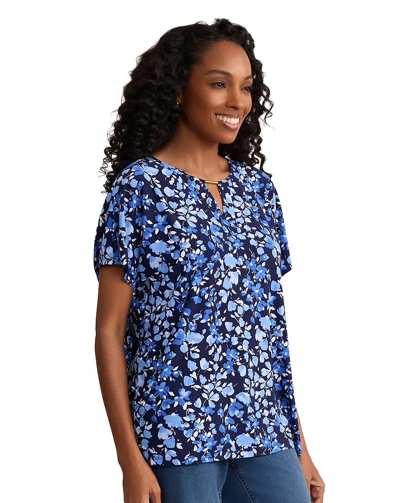 Jones New York Women's Extend Shoulder Placket Round Neck Top