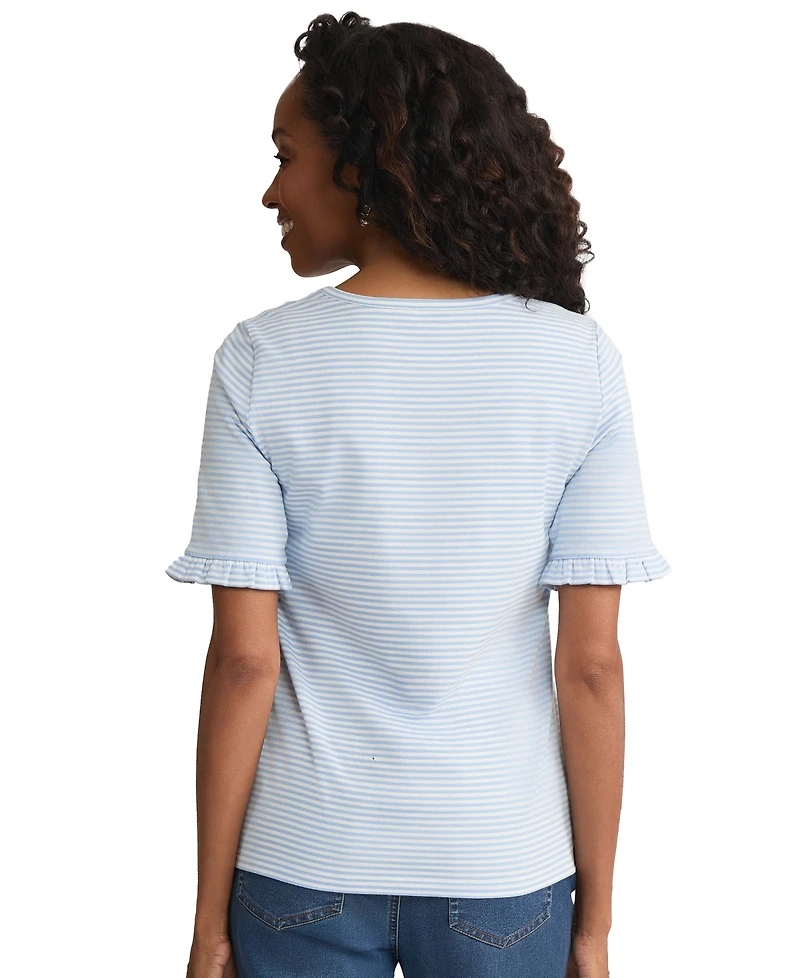 Jones New York Women's Ruffle Elbow Sleeve Crew Neck Top