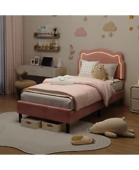 gaomon Bed Frame Pink Velvet Adjustable Bear Headboard Noise Free Rgb Led Lights No Box Spring