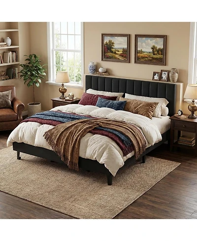 gaomon King Bed Frame, Velvet Upholstered Platform with Adjustable Vertical Channel Tufted Headboard, No Box Spring Needed, Easy Assembly