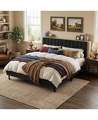 gaomon King Bed Frame, Velvet Upholstered Platform with Adjustable Vertical Channel Tufted Headboard, No Box Spring Needed, Easy Assembly