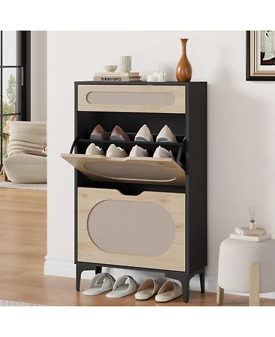gaomon Rattan Shoe Cabinet with 2 Flip Drawers 1 Pull Out Drawer 3 Adjustable Shelves Narrow Shoe Storage.