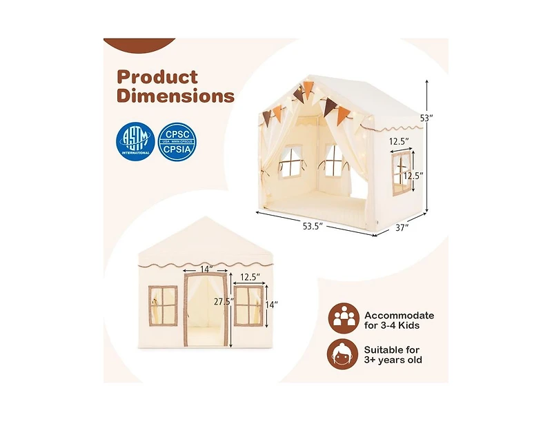 Hongge 3-4 Kids Large Play Tent House with 2 Opening Doors and Star Lights-Beige
