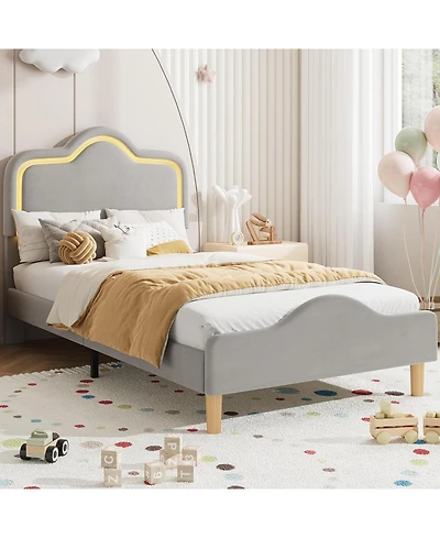 gaomon Twin Upholstered Led Platform Bed with Adjustable Headboard Footboard Velvet Princess Bed Kids Wood Slats
