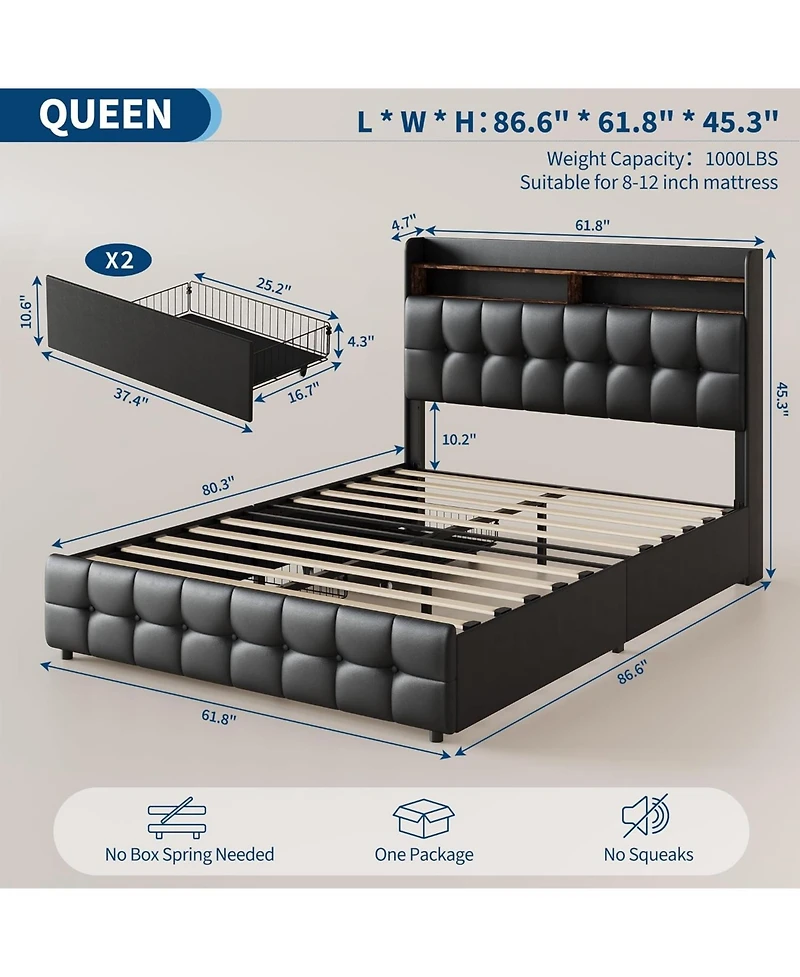 gaomon Queen Size Bed Frame with 2 Storage Drawers, Upholstered Bed Frame Queen with Led Light, Double-Layer Bedside Headboard Charging Socket Usb