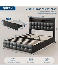 gaomon Queen Size Bed Frame with 2 Storage Drawers, Upholstered Bed Frame Queen with Led Light, Double-Layer Bedside Headboard Charging Socket Usb