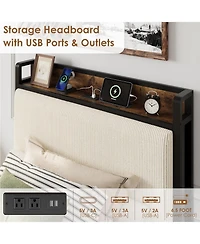 gaomon Twin Bed Frame with 2 Storage Drawers and Charging Station Rustic Linen Upholstery Storage Headboard Heavy Duty Easy Assembly