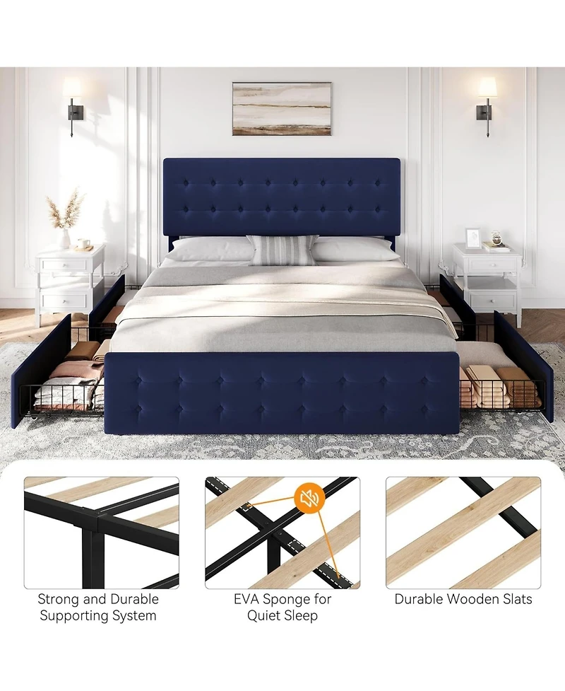 gaomon King Bed Frame With 4 Drawers Velvet Upholstered Headboard Button Design Wood Slats No Box Spring