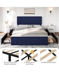 gaomon King Bed Frame With 4 Drawers Velvet Upholstered Headboard Button Design Wood Slats No Box Spring