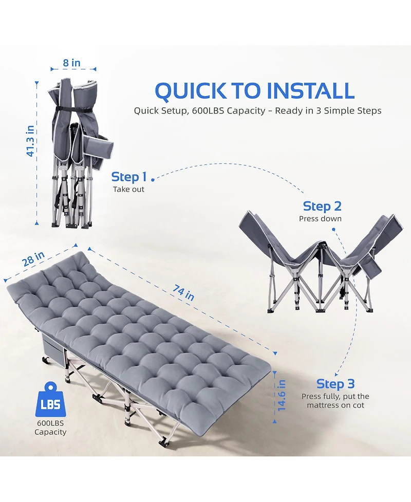 Folding Camping Cot with Removable Cotton Mattress for Office, Home and Beach, 450 lbs