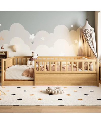 Streamdale Furniture Streamdale Full Size Floor Bed with Security Barrier and Door, Montessori Wooden Frame