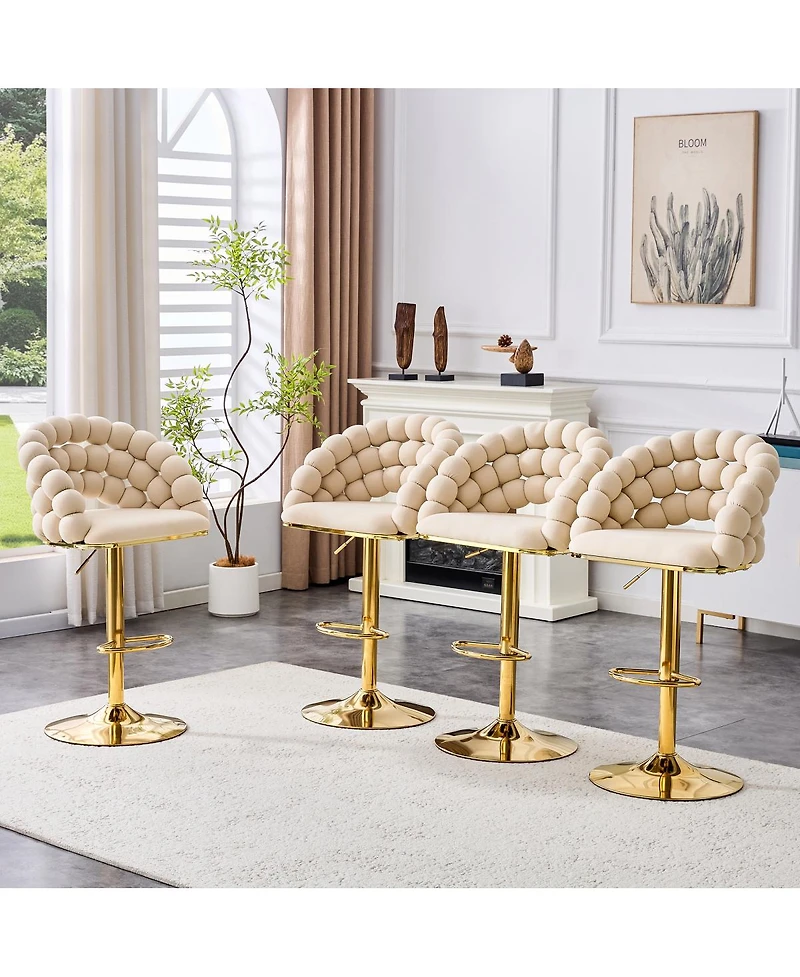 Streamdale Furniture Set of 2 Beige Puffy Bubble Bar Stools with Gold Legs