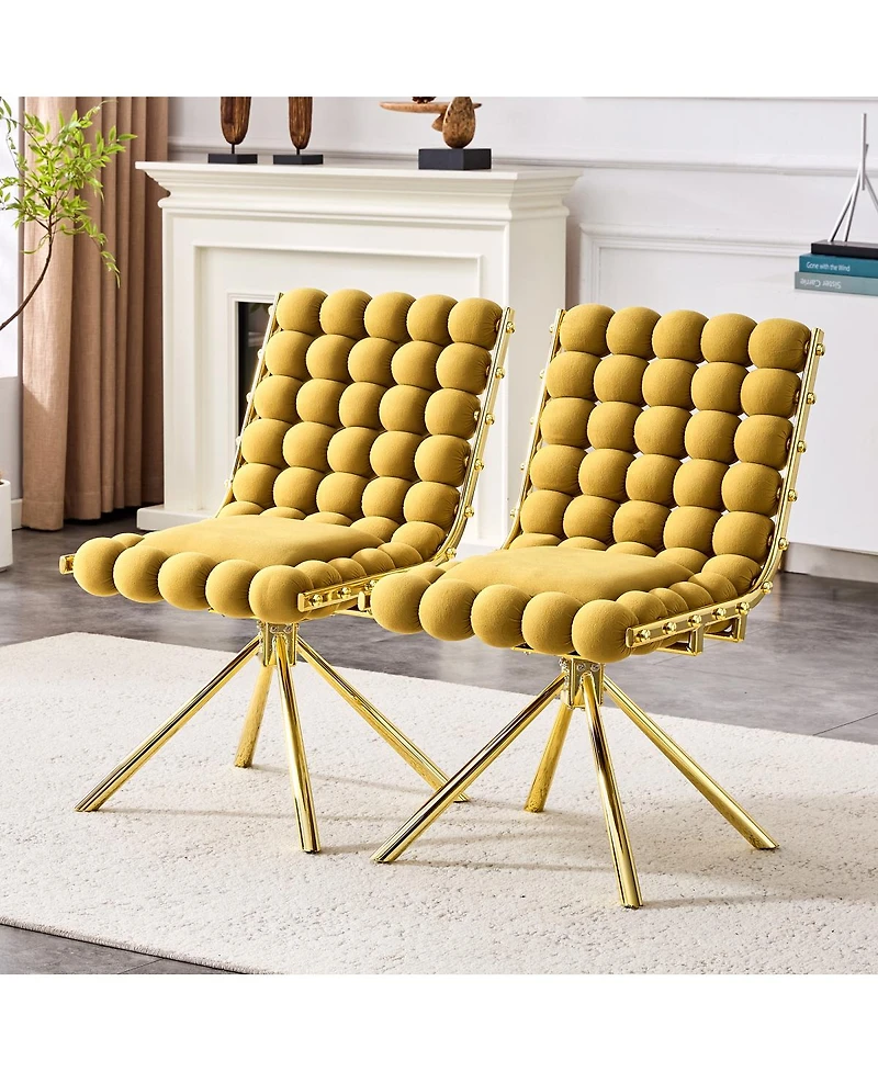 Streamdale Set of 2 Yellow Puffy Bubble Chair Ball Chain Chair Velvet Dining Chairs