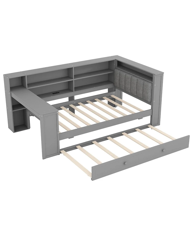 Streamdale Furniture Twin Wood Platform Bed with Storage, Trundle, Charging Ports, Led Lighting, and Desk Headboard