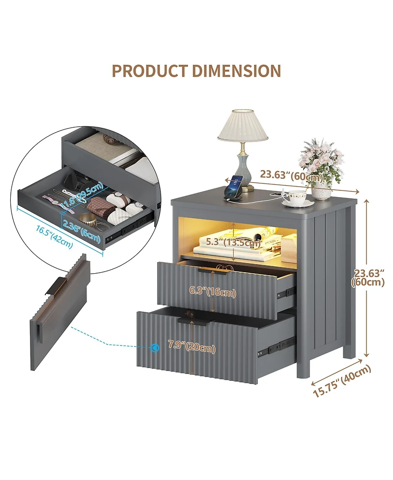 Vlsrka 24" Modern Led Nightstand with 3 Drawers and Charging Station