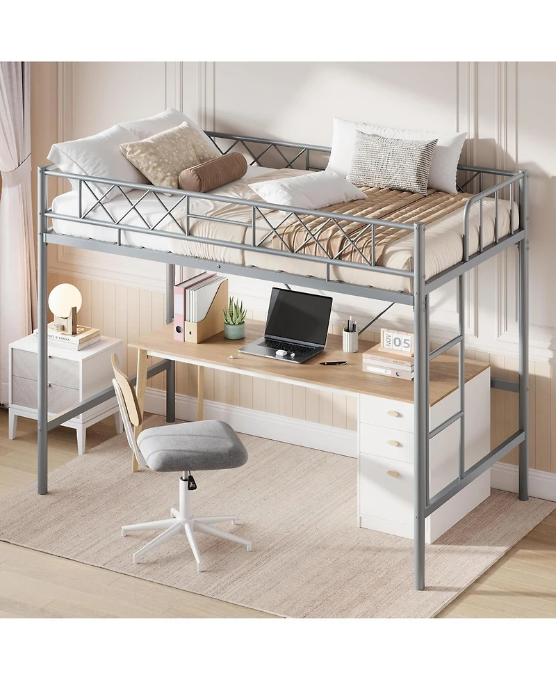gaomon Twin Loft Bed, Heavy Duty Metal Frame with Arched Guardrail, Flat Ladder Rung, and Steel Slat Support, No Box Spring Required