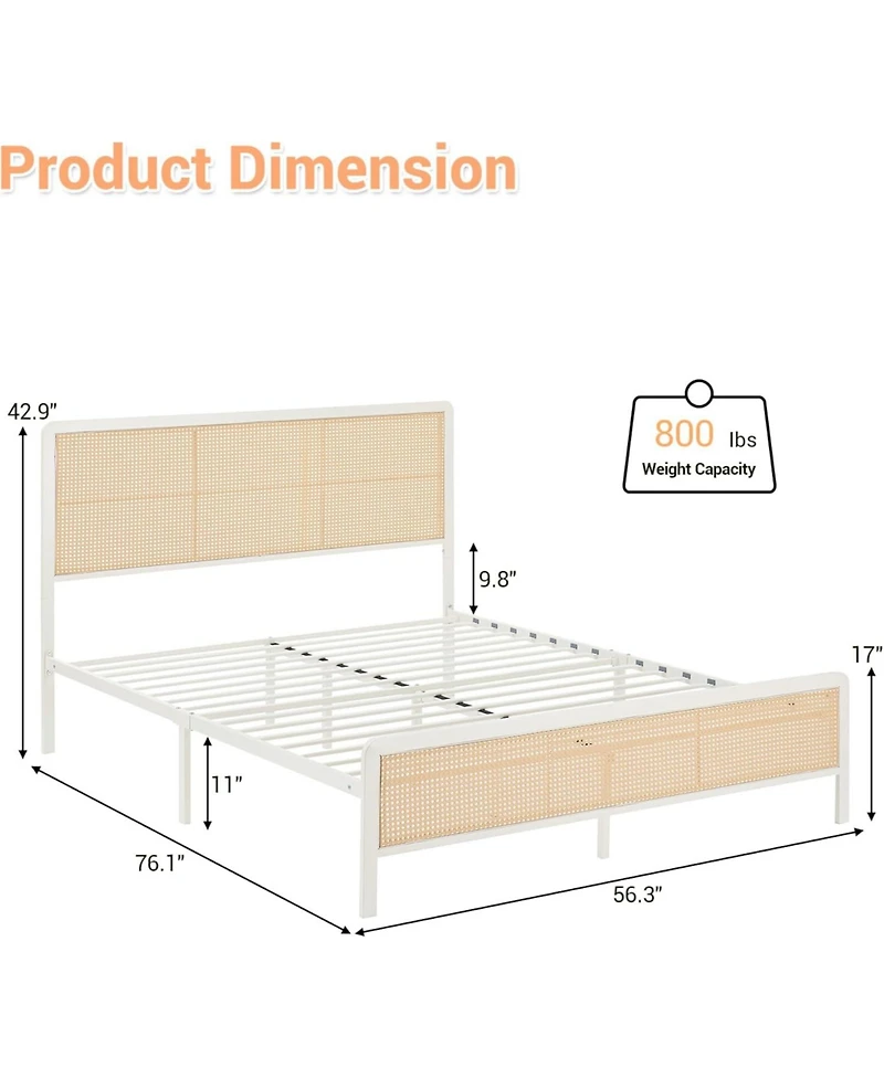 gaomon Full Rattan Bed Frame With Led Headboard Metal Platform Storage Rounded Corners Noise Free No Box Spring