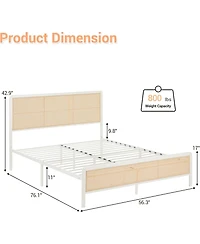 gaomon Full Rattan Bed Frame With Led Headboard Metal Platform Storage Rounded Corners Noise Free No Box Spring