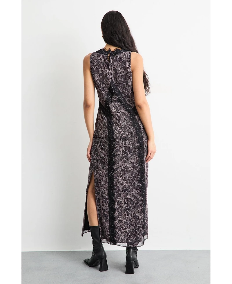Warehouse Women's Chiffon Printed Lace Trim Dress