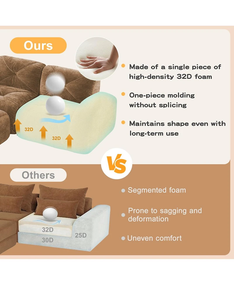 Streamdale Furniture Camel L-Shaped Velvet Sofa with Tufted Design, Ergonomic, High-Density Sponge, No Assembly