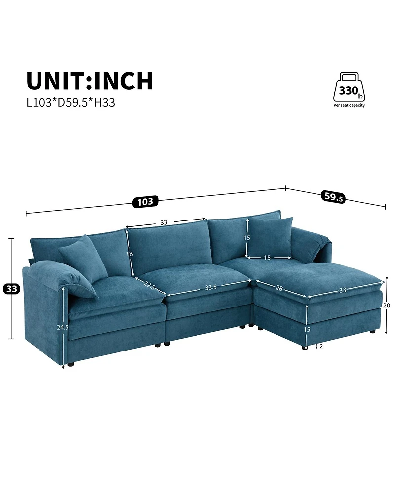 Streamdale Furniture 103" Chenille Modular Sectional Sofa with Deep Seat & Movable Ottoman