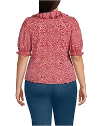 Lands' End Plus Women's Puff Sleeve Slub Ruffle Pintuck Top